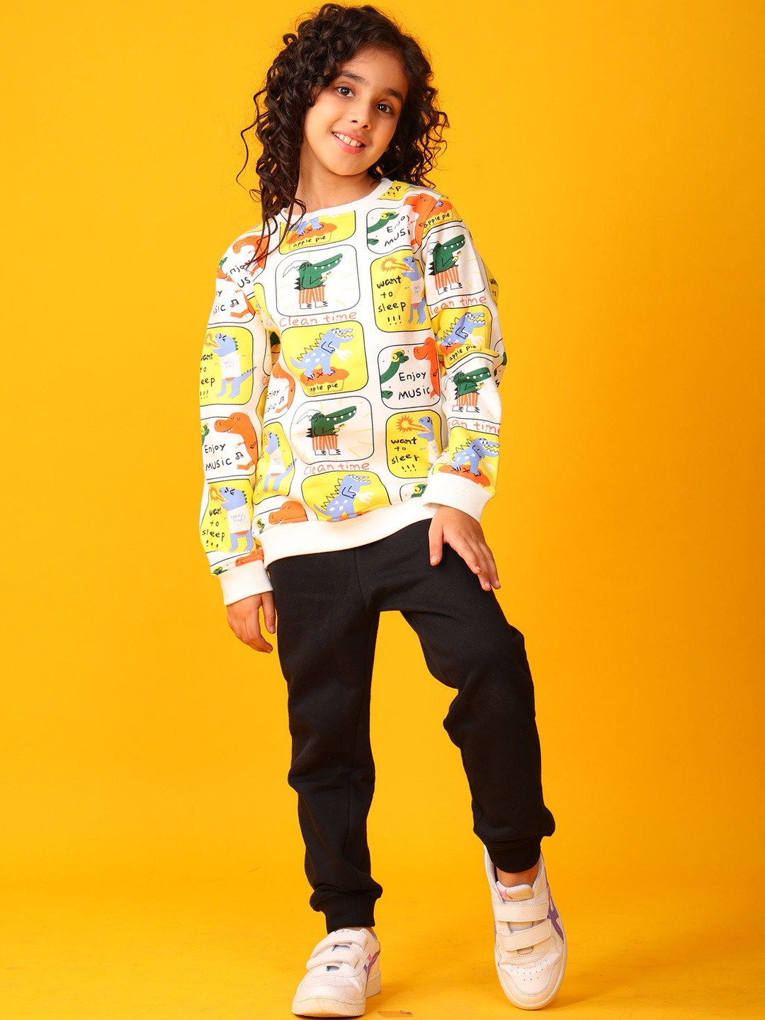 Anthrilo Girls Dinosaur Stamp Printed Long Sleeves Sweatshirt With Joggers