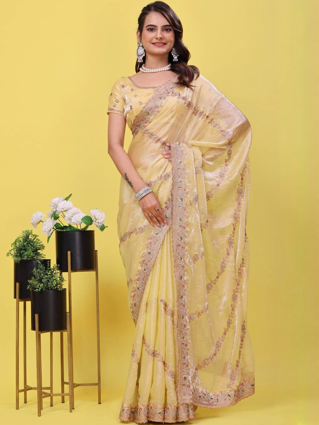 PARROT CREATION Ethnic Motifs Embroidered Satin Heavy Work Saree With Unstithced Blouse