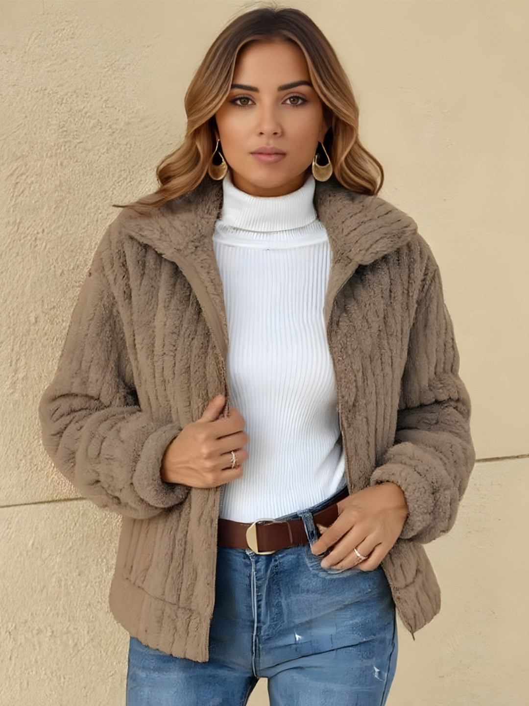 HERE&NOW Women Khaki Spread Collar Long Sleeves Solid Polyester Open Front Jacket