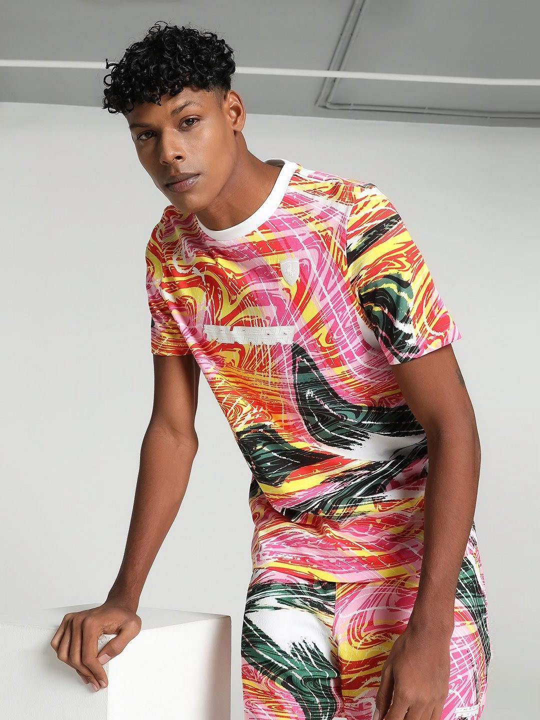 PUMA Motorsport Abstract Printed Scuderia Ferrari Race Crew Neck Cotton T-shirt