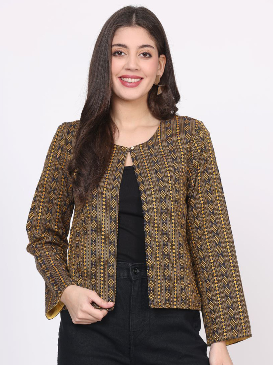 Nomad Lifestyle Women Self Design Long Sleeves Collarless Tailored Jacket