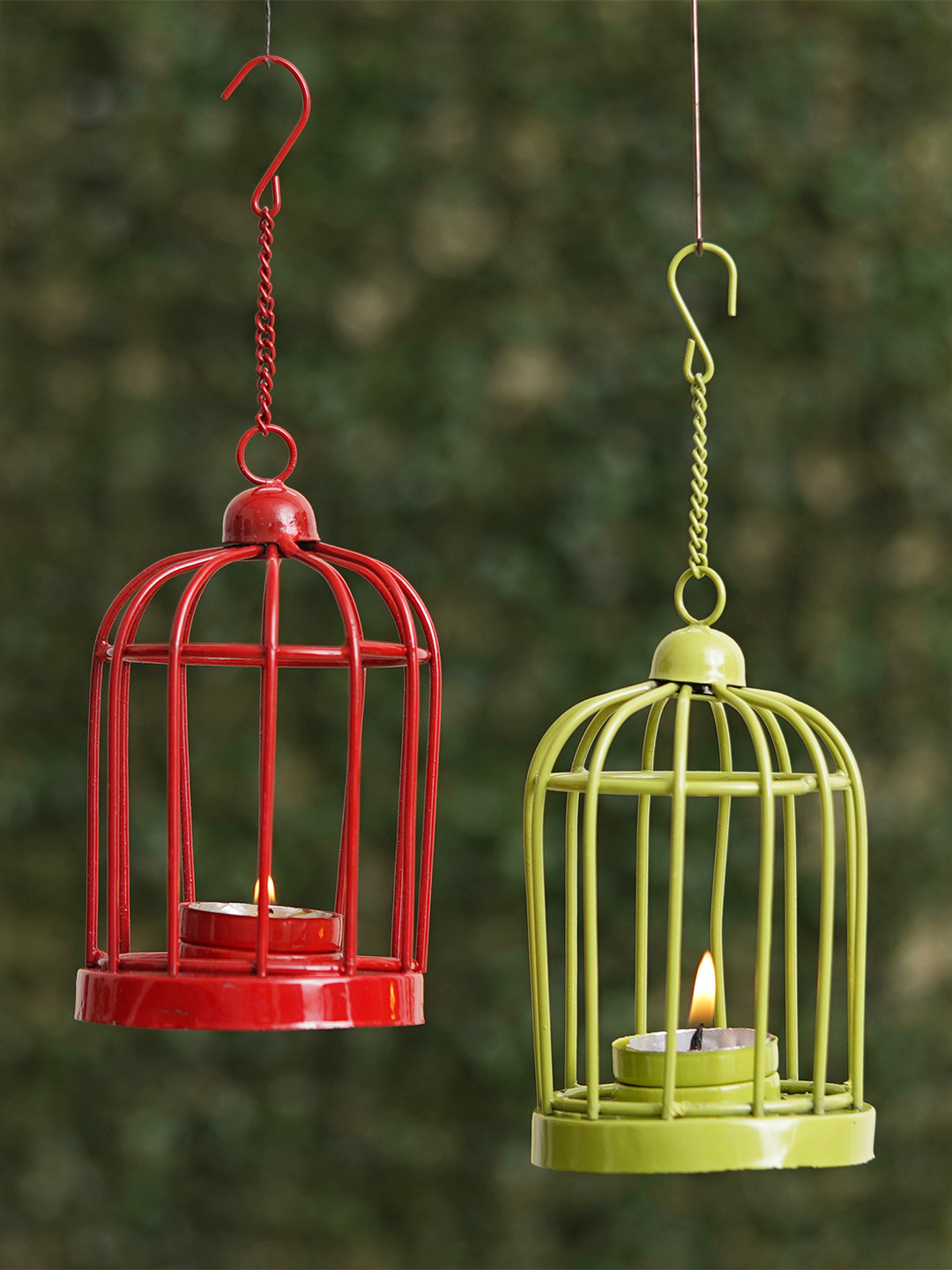 eCraftIndia Red & Green 2 Pieces Iron Cage Shaped Tea Light Candle Holders