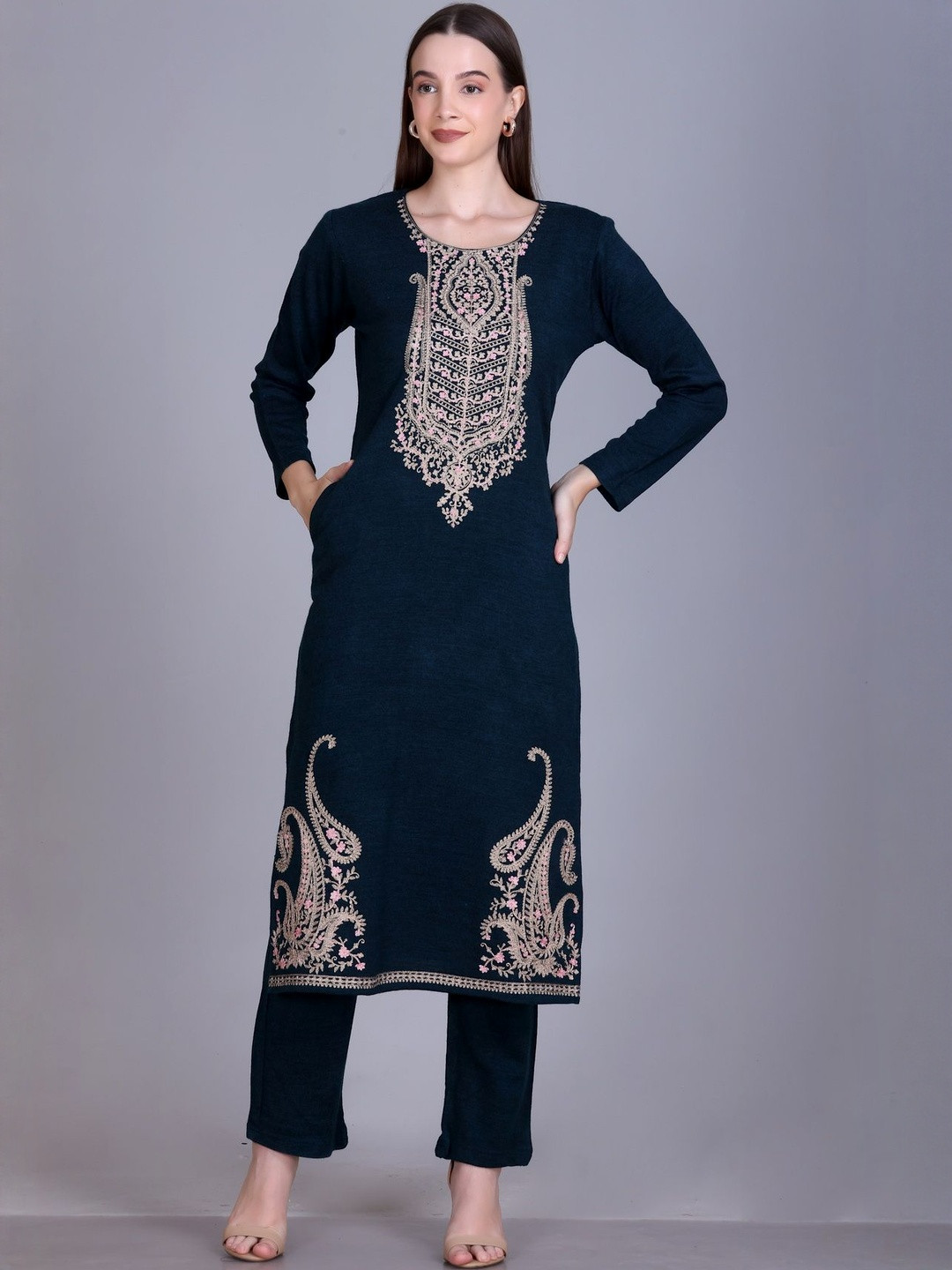 Falicana Women Airforce Embroidered Kurta with Trousers & Dupatta
