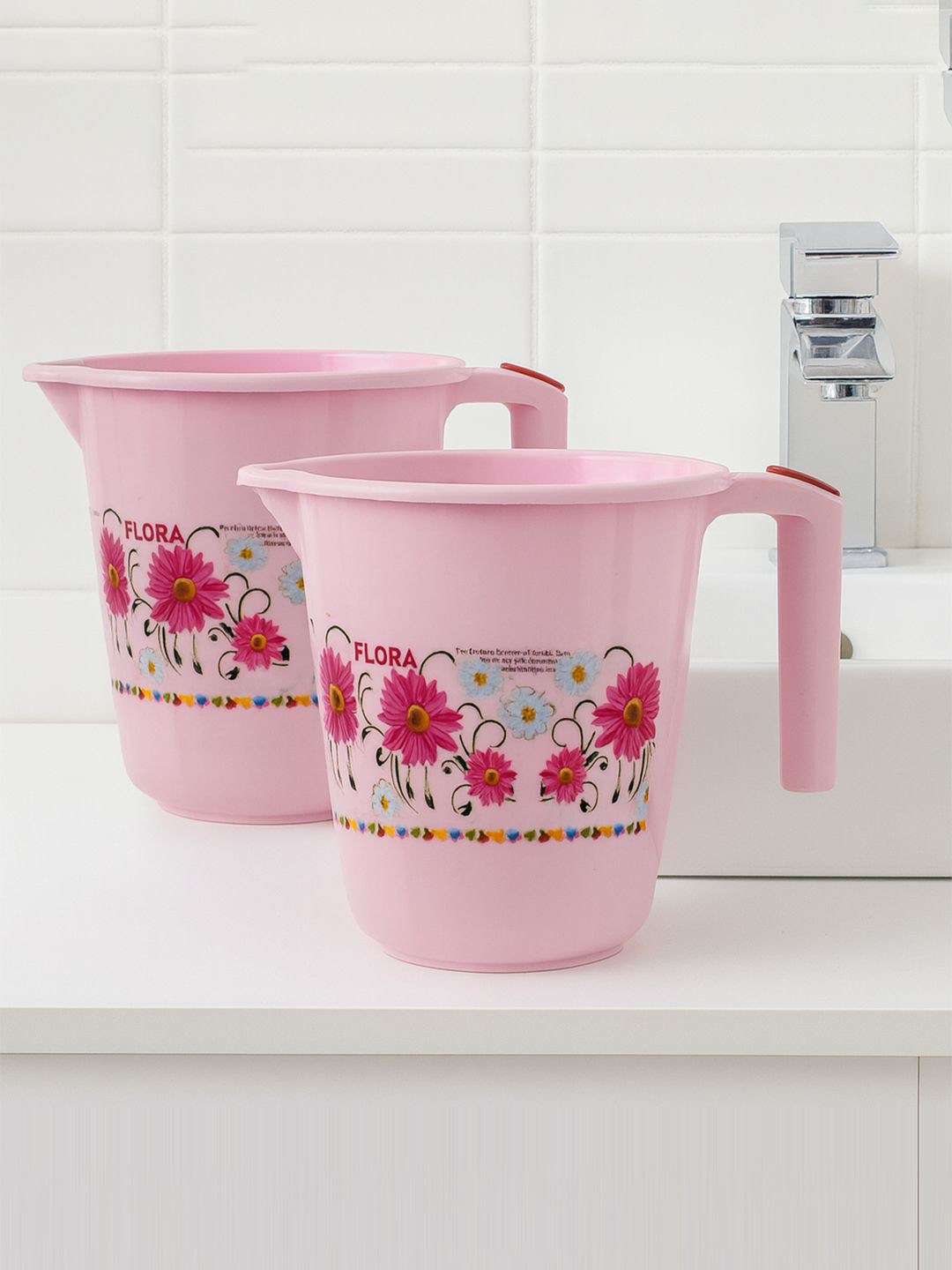 Kuber Industries Pink & Red 2 Pieces Flower Printed Bathroom Mugs 2L