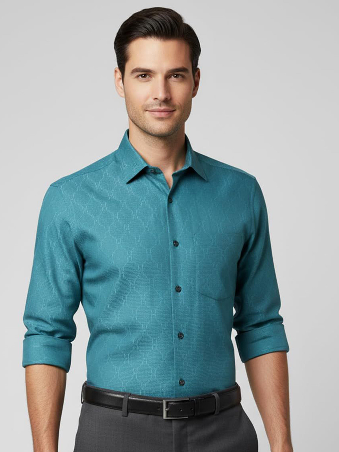 Vida Loca Self Design Smart Slim Spread Collar Fit Cotton Formal Shirt