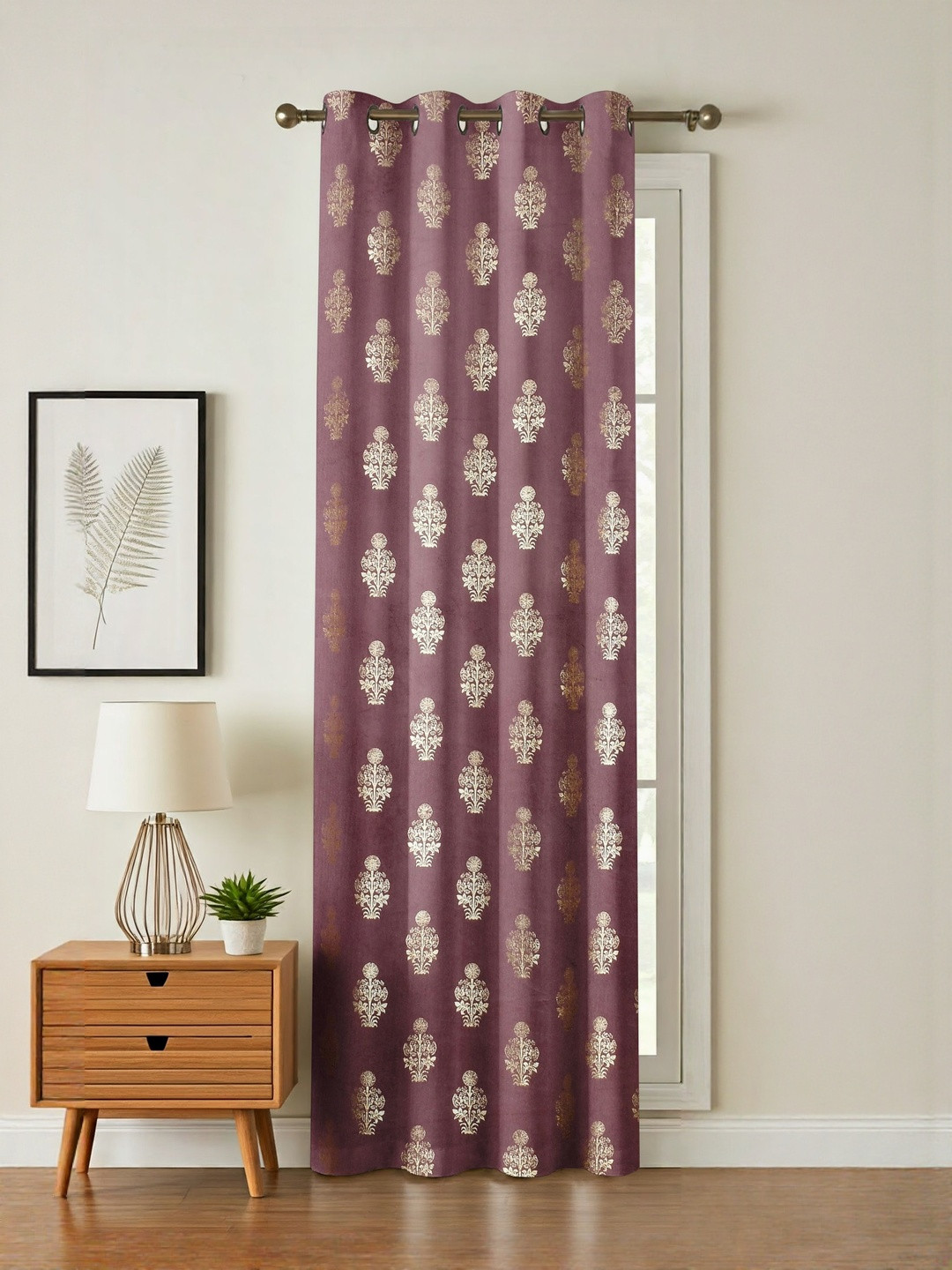 GEET CREATIONS Violet & Gold Self Design Room Darkening Long Door Curtain