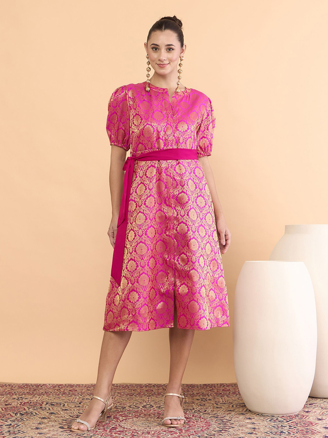 Antheaa Brocade Mandarin Collar Fit and Flare Midi Dress