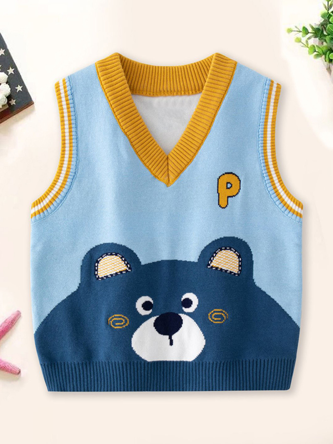 YK Boys V-Neck Colorblocked Teddy Pattern Self Design Sweater Vest Sweaters