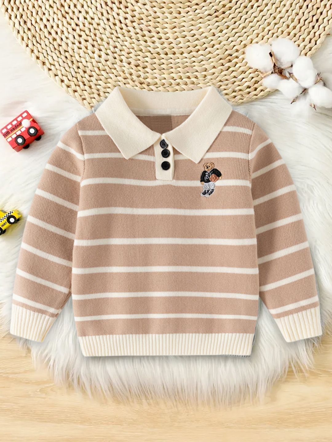 YK Boys Light Brown Striped Polo Collar Sweatshirt