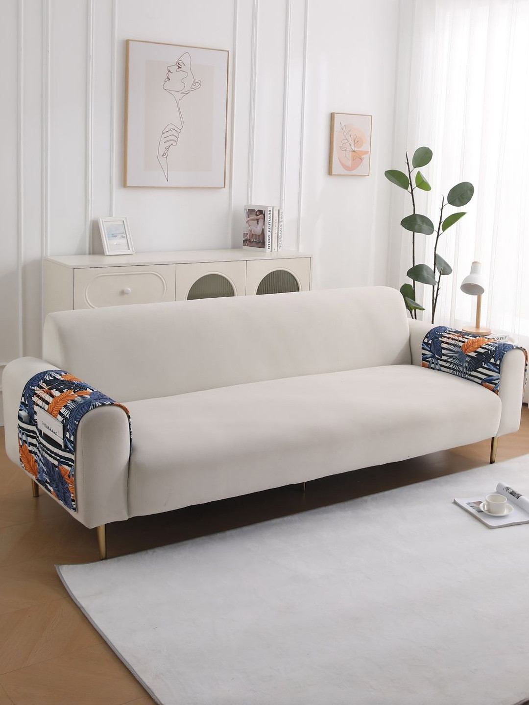 HOKIPO LiefNest 2 Pc Blue & Orange Printed Holland Velvet Sofa Arm Cover with Foam Filling