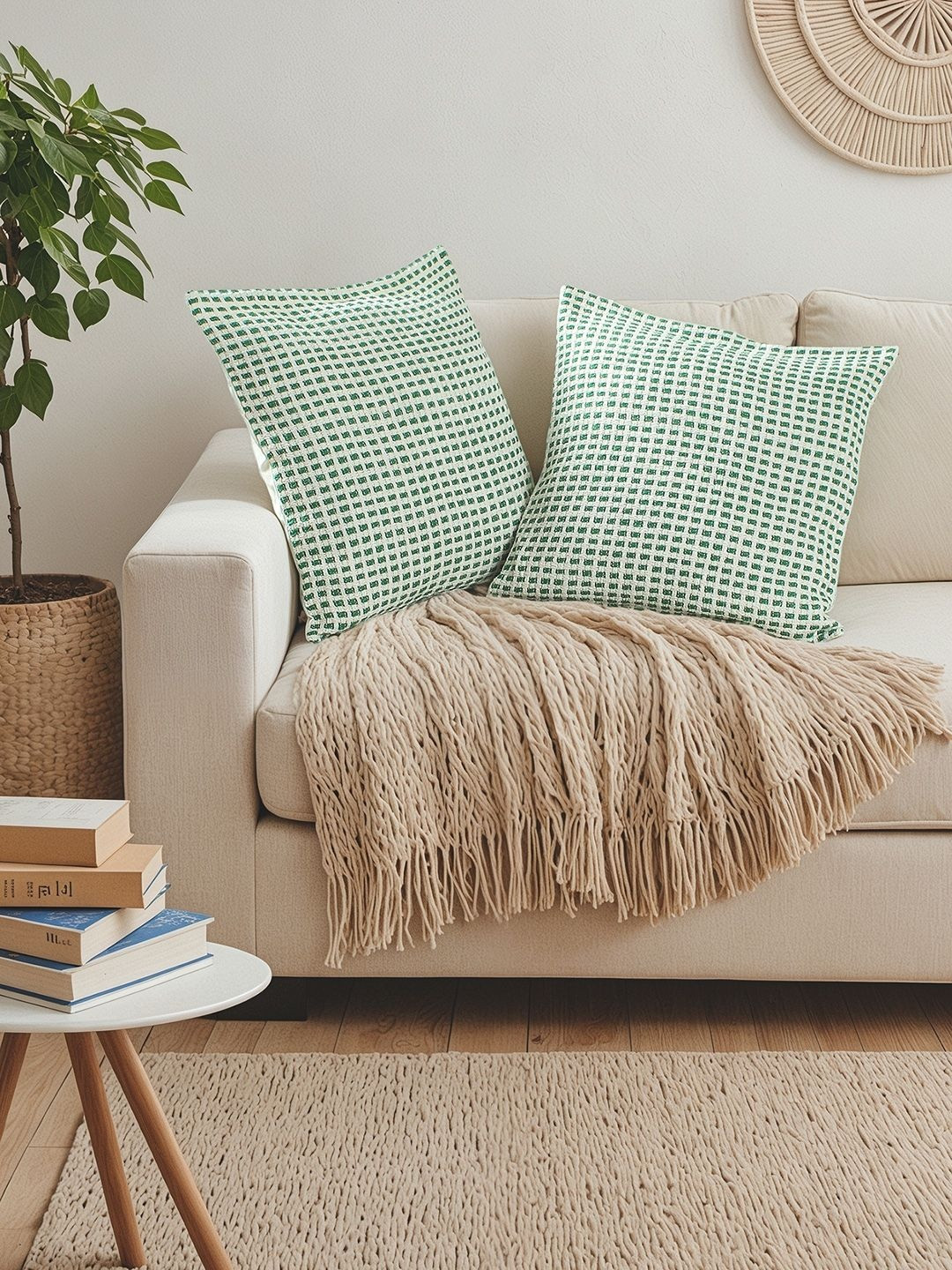 House This Girnar Green & Off White 2 Pieces Checked Textured Cotton Square Cushion Covers