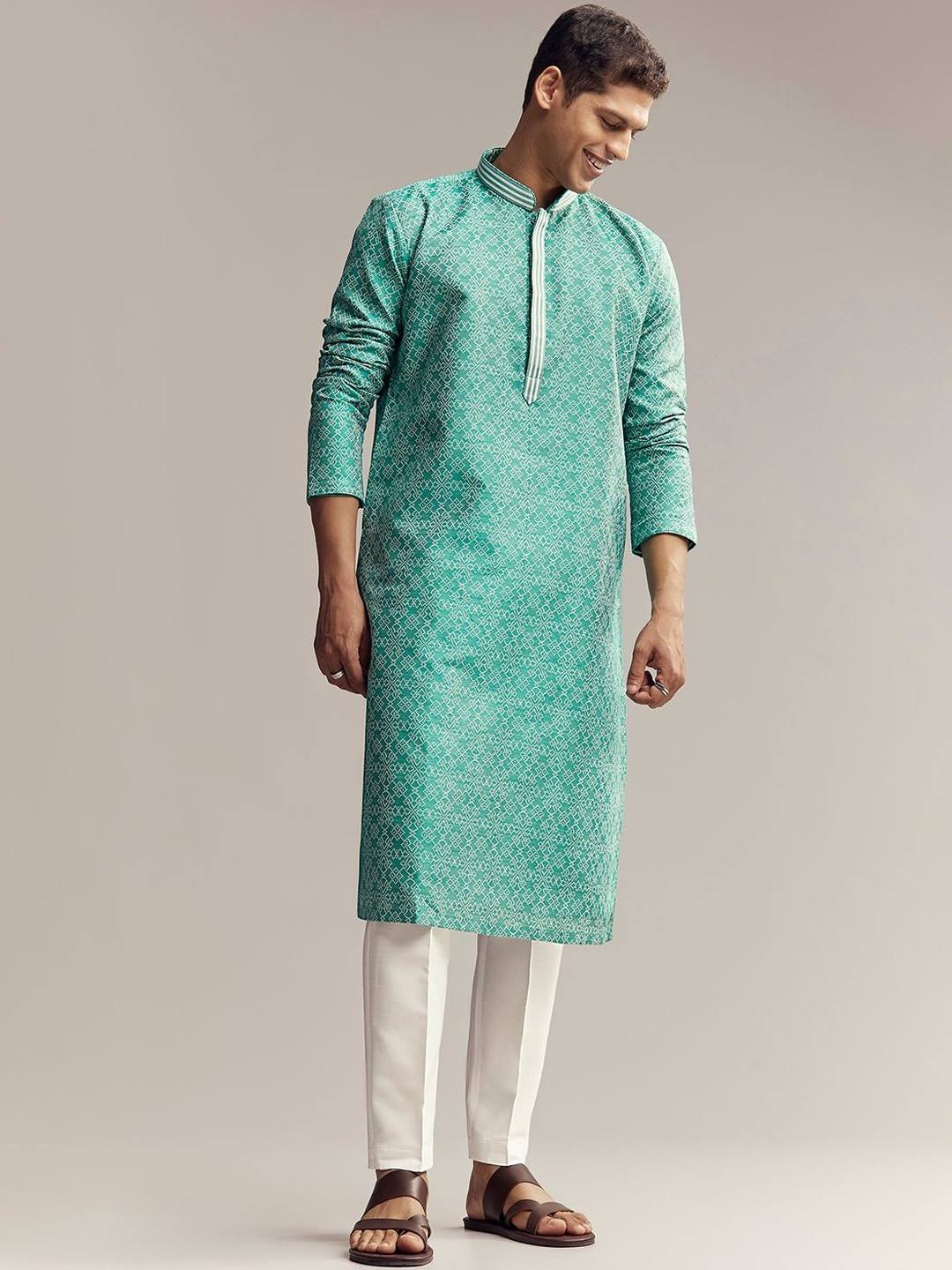 KALKI Fashion Men Geometric Printed Calf Length Regular Straight Kurta with Trousers
