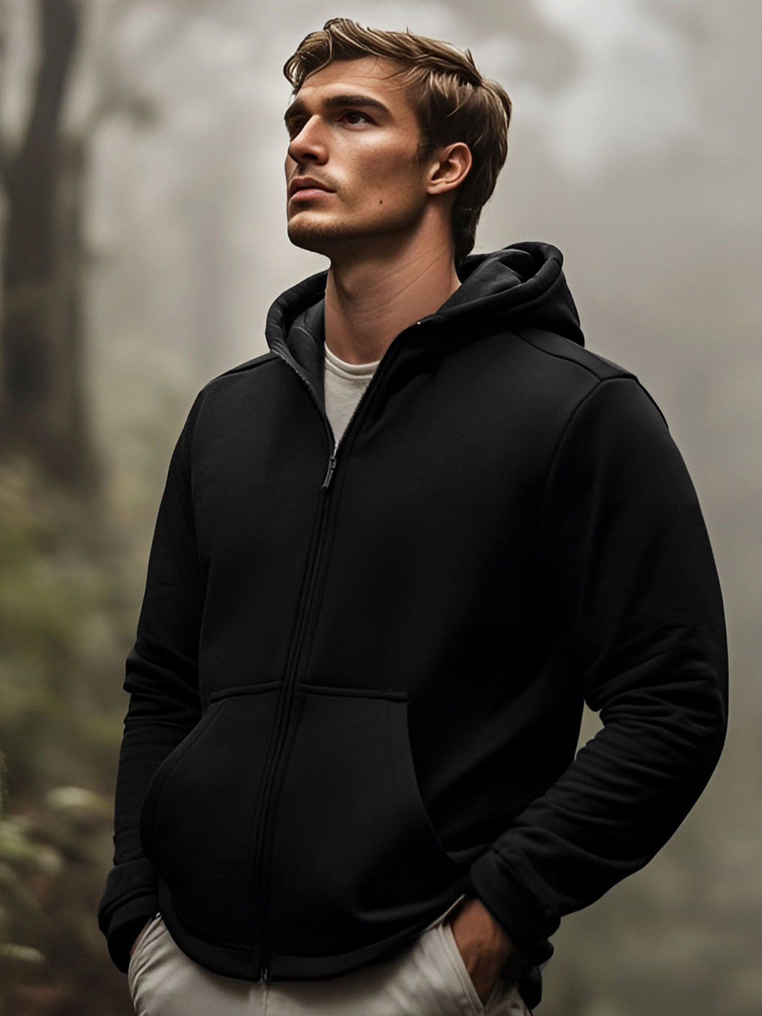 AUSK Men Black Solid Fleece Front-Open Full Sleeve Hooded Sweatshirt With Full Zipper