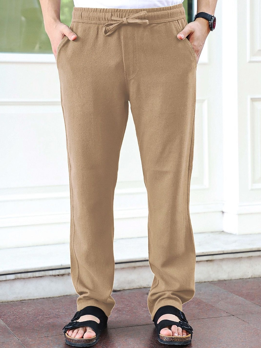 JIMMY & JORDAN Men Beige Textured Regular Fit Cotton Easy Wash Trousers