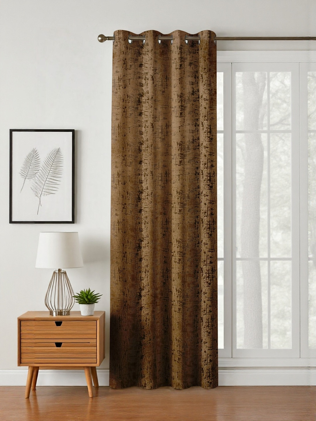 GEET CREATIONS Brown Self Design Fade Resistant Velvet Room Darkening Door Curtain