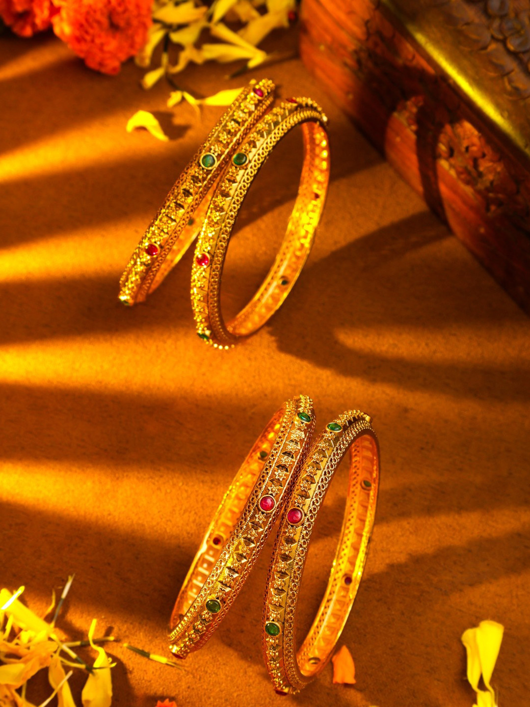 South Temple Jewellery Set of 4 Gold-Plated Artificial Stones Studded Textured Bangles