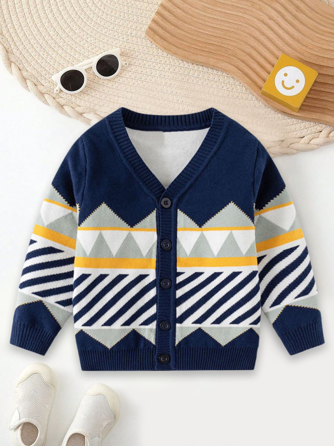 YK Boys Fair Isle Self Design V-Neck Jacquard Cardigan Sweaters