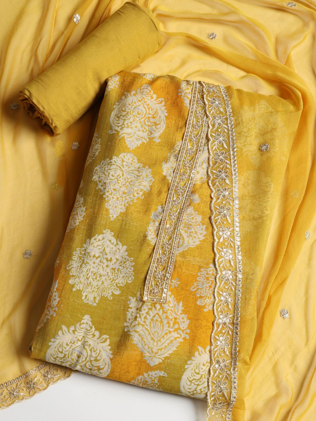 Meena Bazaar Ethnic Motifs Printed Sequinned Muslin Unstitched Dress Material