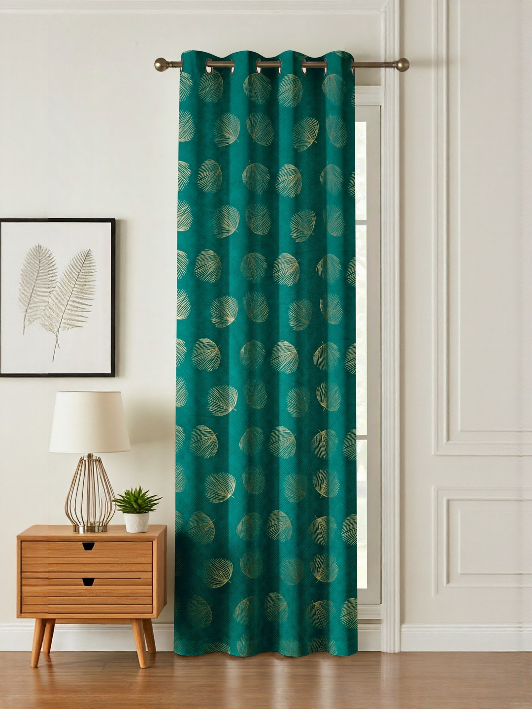 GEET CREATIONS Teal & Gold Single Leaf Print Room Darkening Long Door Curtain