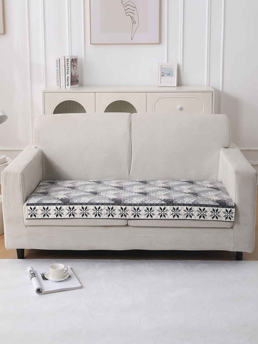 HOKIPO LiefNest Grey & White Printed Holland Velvet Sofa Mat for 2Seater with Foam Filling