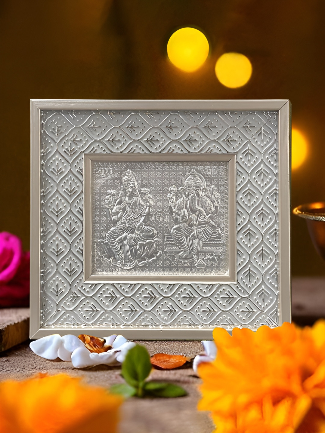 Art Street Silver Toned And White Self Design Lakshmi & Ganesh Photo Frame
