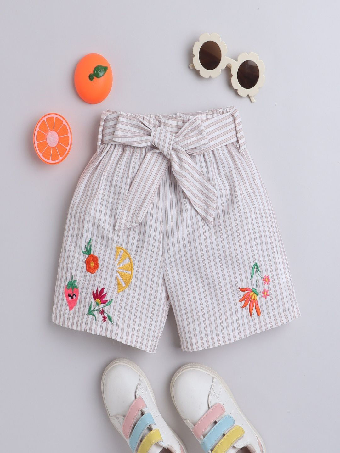 BRIGHT STARS KIDSWEAR Girls Striped Floral Embroidered Mid-Rise Belted Shorts