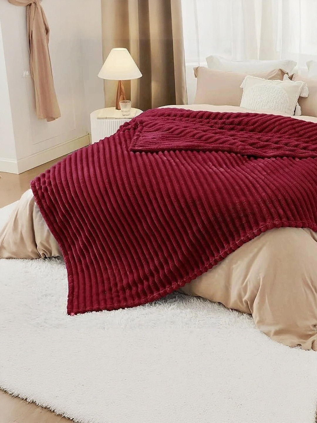 LA VERNE Maroon Self Design Fleece Mild Winter 300 GSM Double Blanket