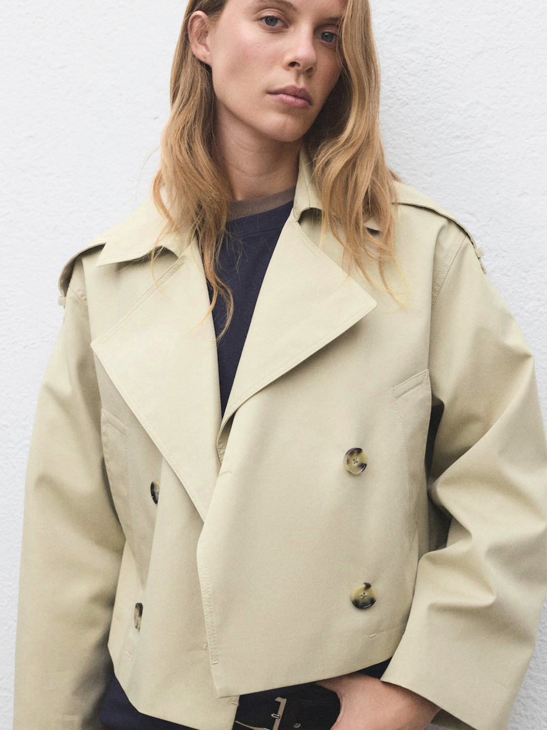 MANGO Double-Breasted Notched Lapel Cropped Trench Coat