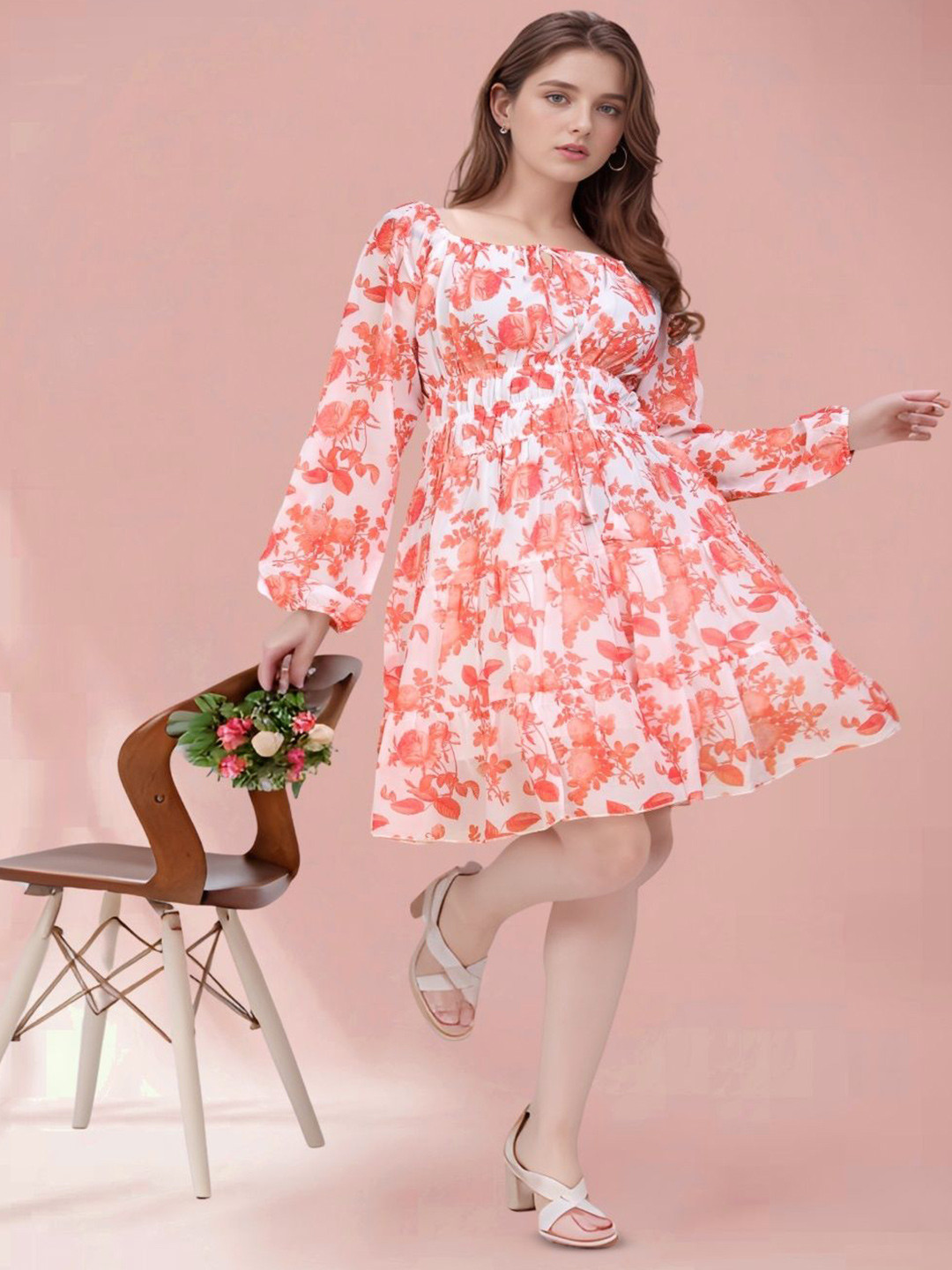 ORSUMSTYLE Floral Printed Smocked Tiered Empire Dress