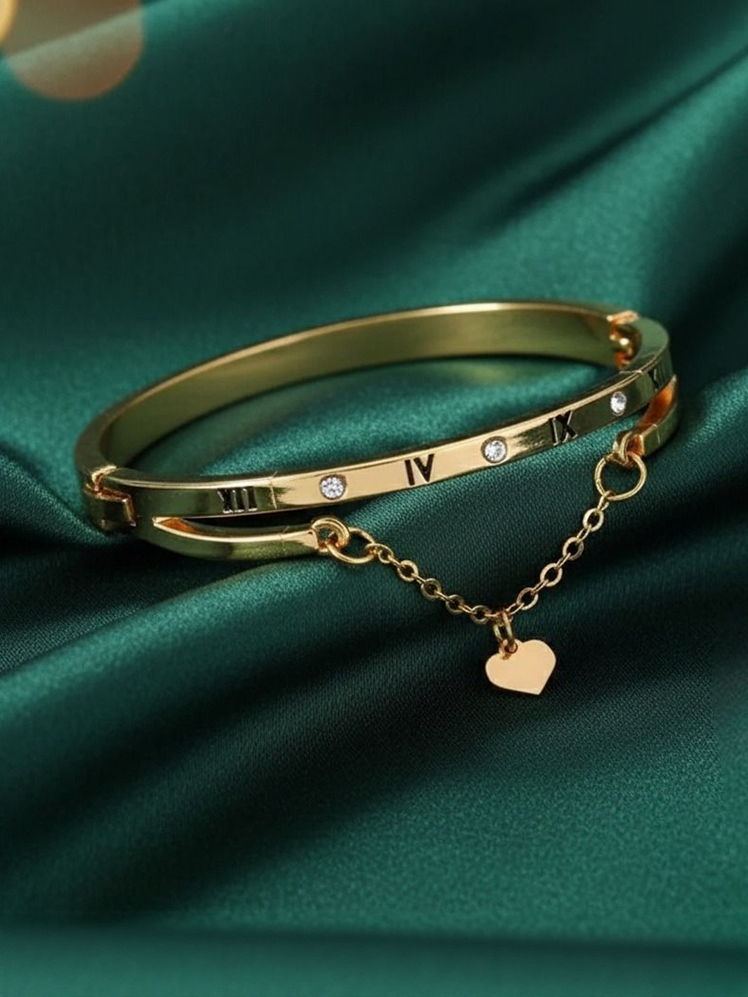 DressBerry Gold-Plated Stones Studded Roman Numerals Heart Pendant Charm Bracelet