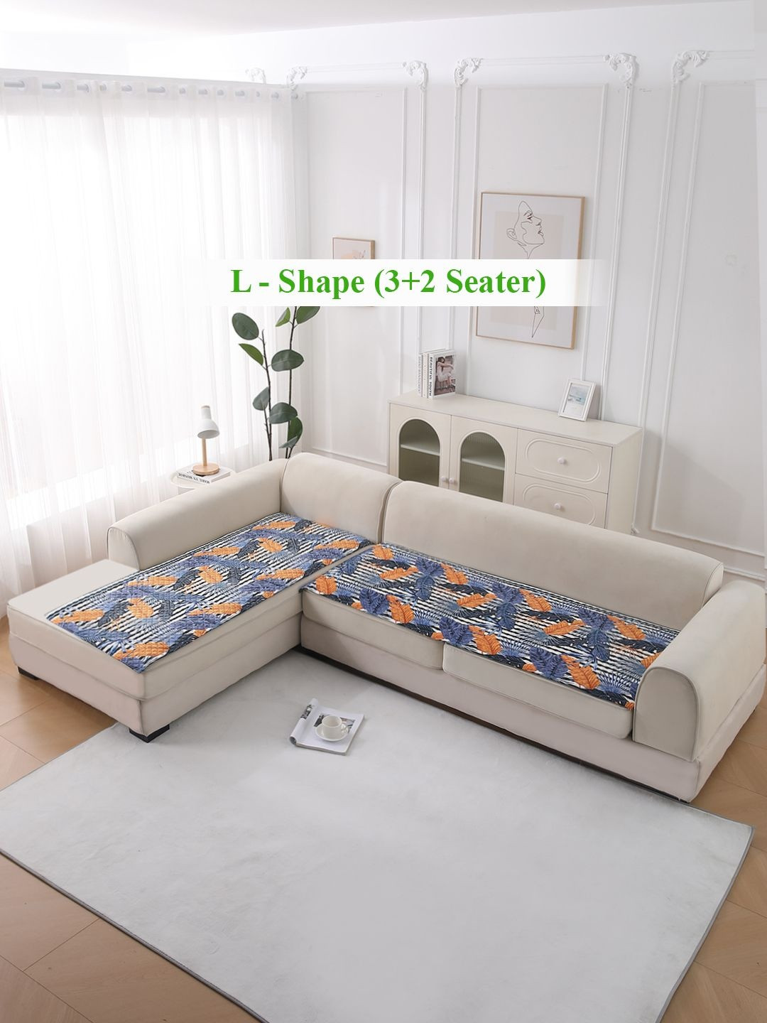 HOKIPO LiefNest Blue 2 Pcs Velvet L Shape 5 Seater Sofa Cover Seat Mat with Foam Filling