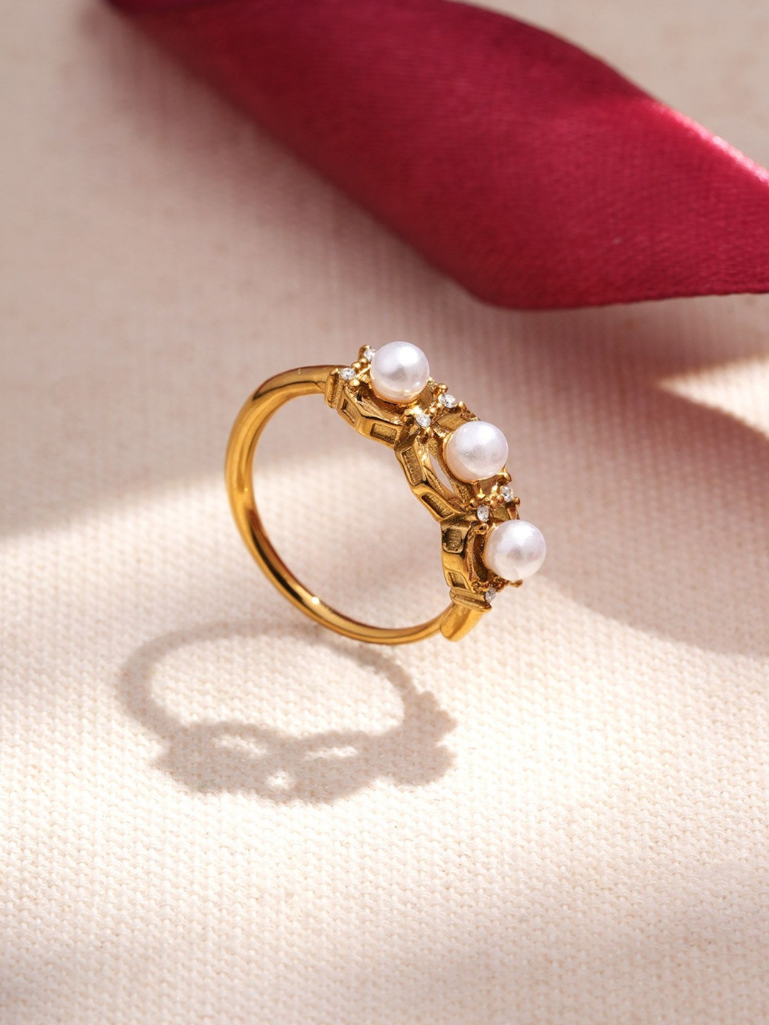 PALMONAS 18KT Gold Plated Stainless Steel Royal Trinity Pearls Beaded Anti-Tarnish Ring