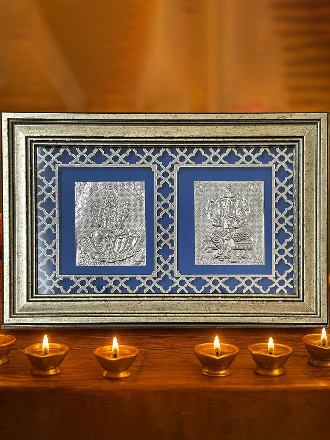 Art Street Silver Toned And Blue Self Design Lakshmi & Ganesh Photo Frame