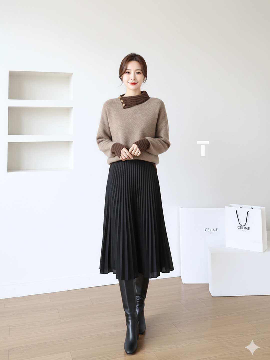 HERE&NOW Women Beige Round Neck Long Sleeves Wool Pullover Sweaters