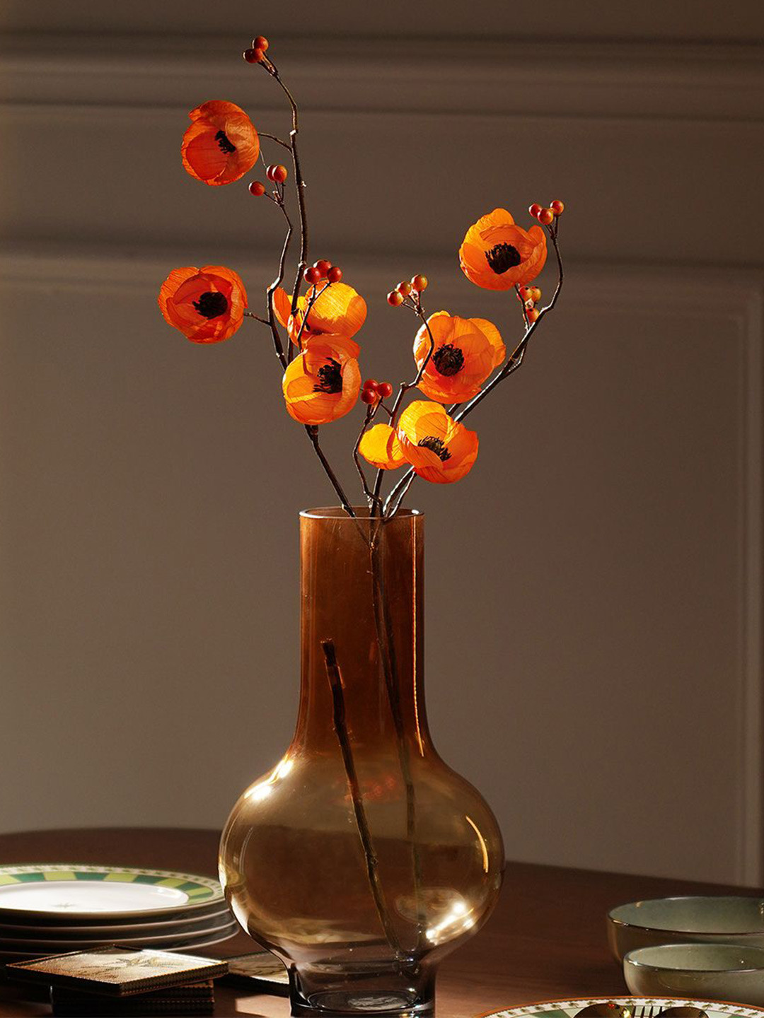 Pure Home and Living Orange Colored & Brown Poppy Berry Artificial Flower Stem