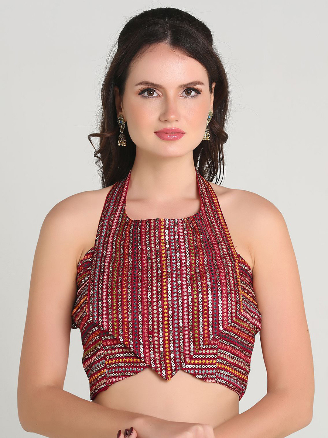 HERE&NOW Embroidered Silk Halter Neck Padded Saree Blouse