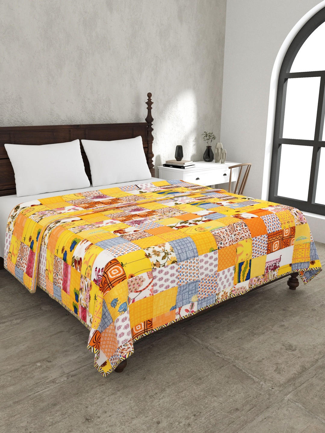 The Craft Monk Yellow & Beige Patchwork Pure Cotton 300 GSM AC Room Double Bed Dohar