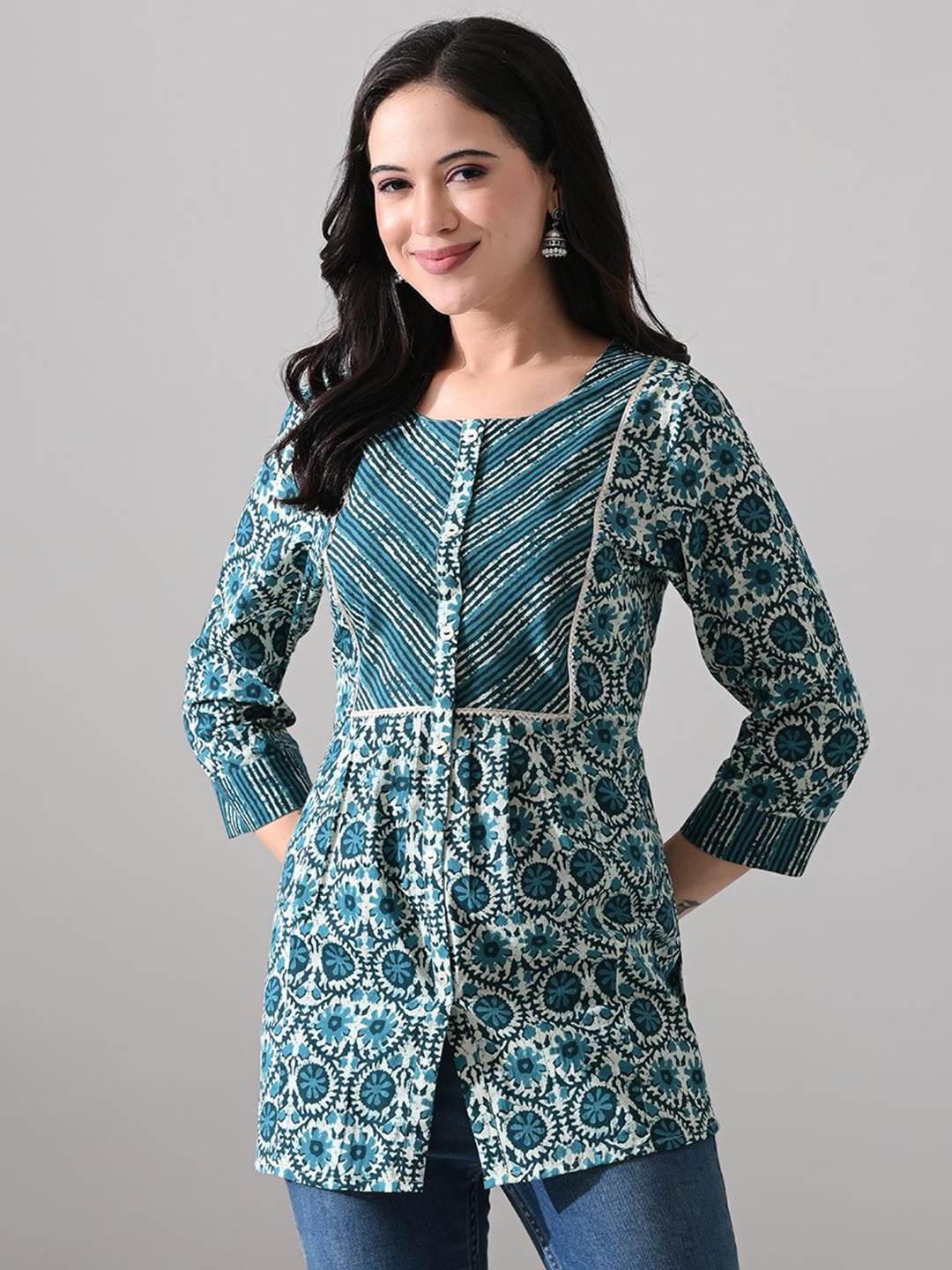 MEESAN Floral Printed Mandarin Collar Printed Cotton Tunic