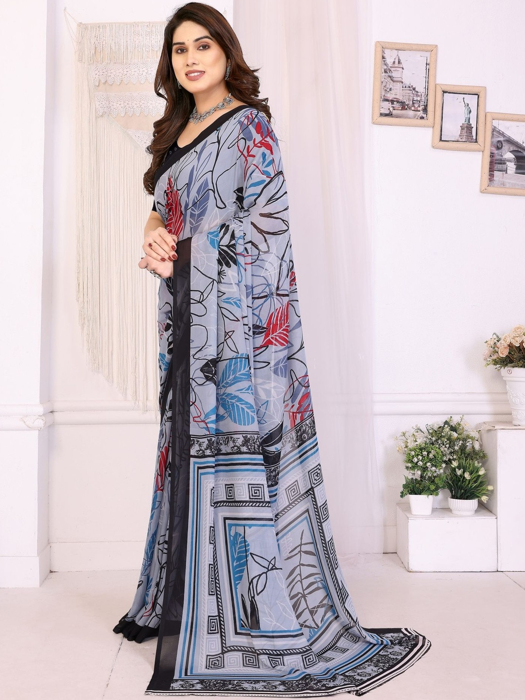vj fashion Floral Printed Pure Georgette Saree with Blouse Piece