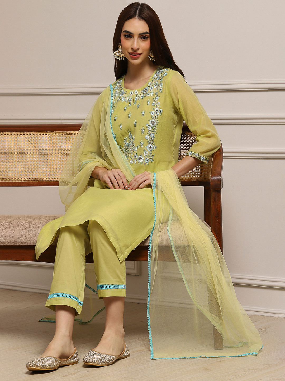 Biba Women Green Yoke Design Kurta with Trousers & Dupatta