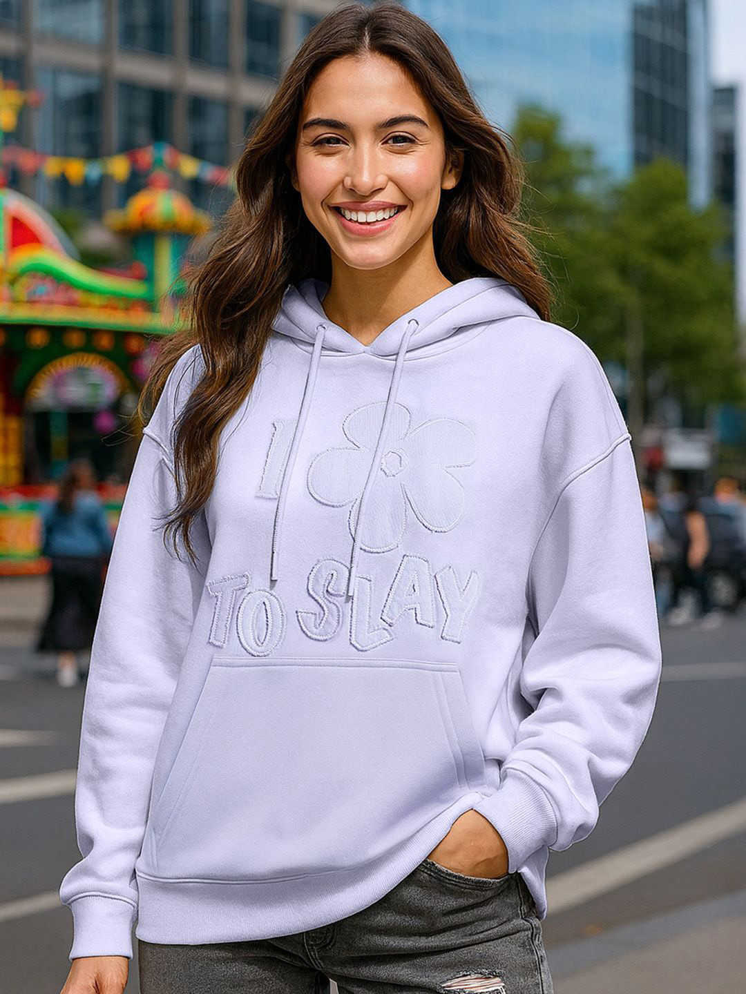 Bewakoof Women Purple Applique Oversized Hoodies Sweatshirt