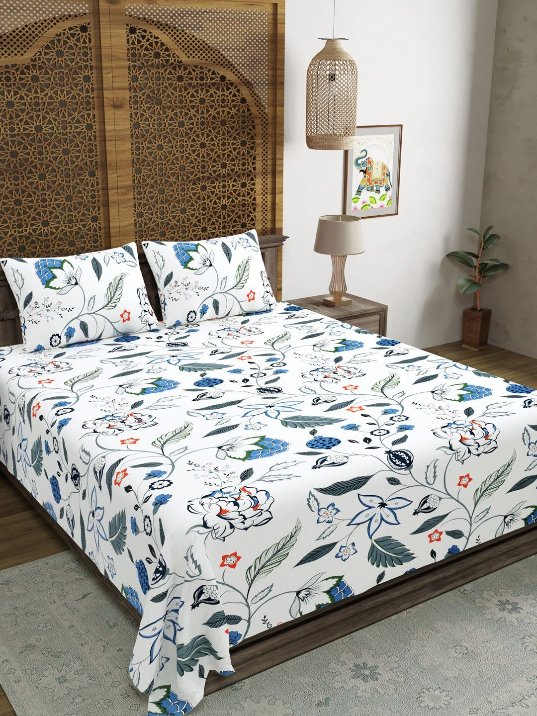 BLOCKS OF INDIA Grey Printed Cotton 210 TC  Double King Bedsheet Set 2.28 m x 2.74 m
