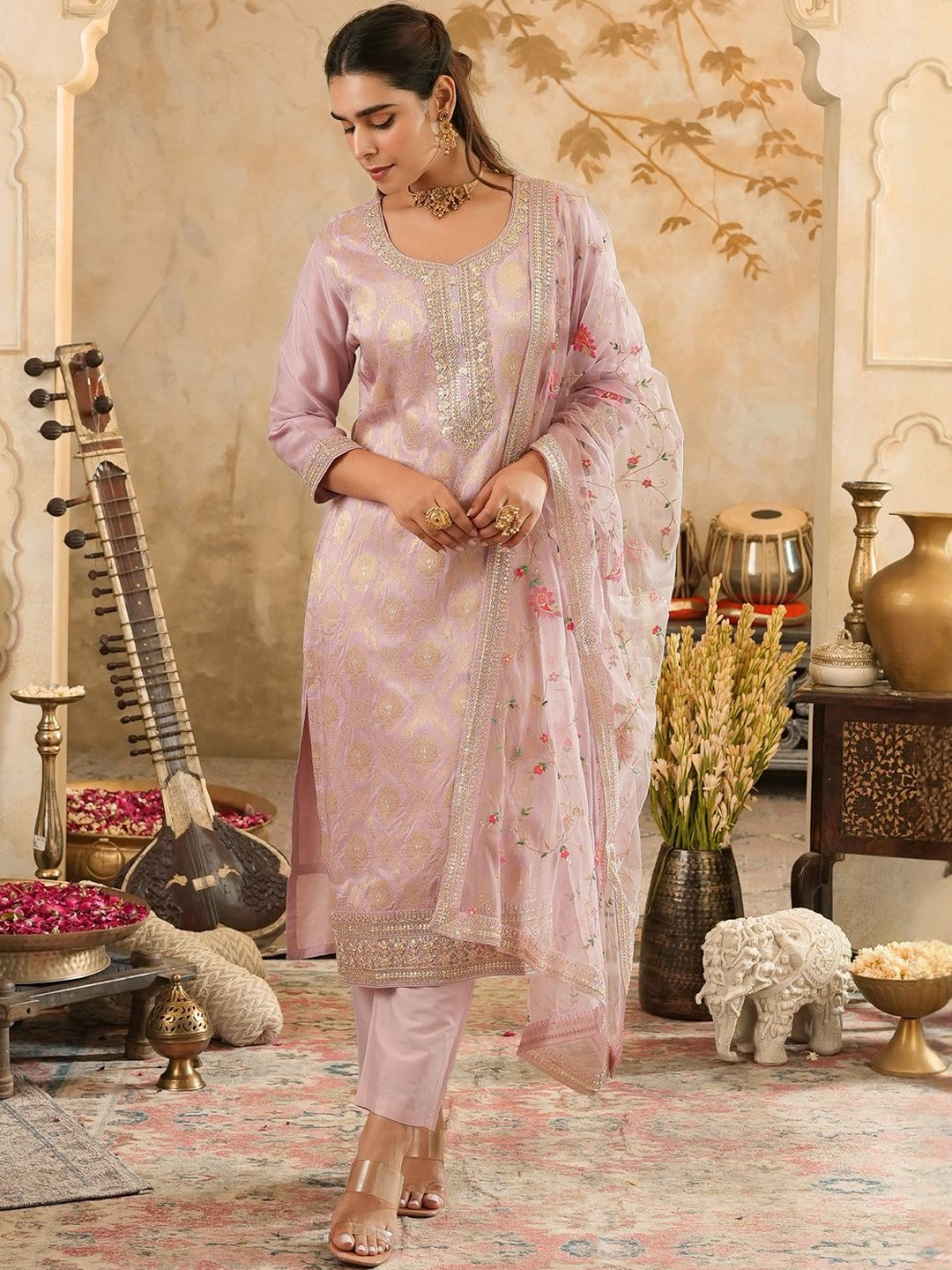Indo Era Ethnic Motifs Woven Design Zari Straight Kurta With Trousers & Dupatta