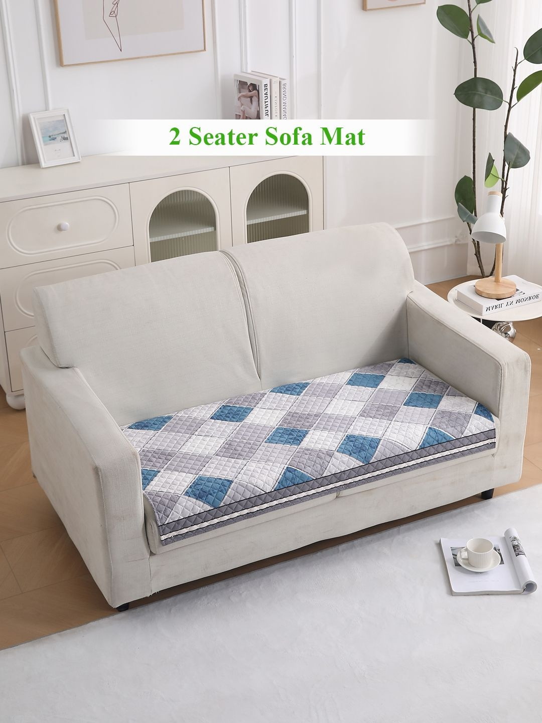 HOKIPO LiefNest Diamond Slate Grey Printed Holland Velvet 2 Seater Sofa Mat With Filling