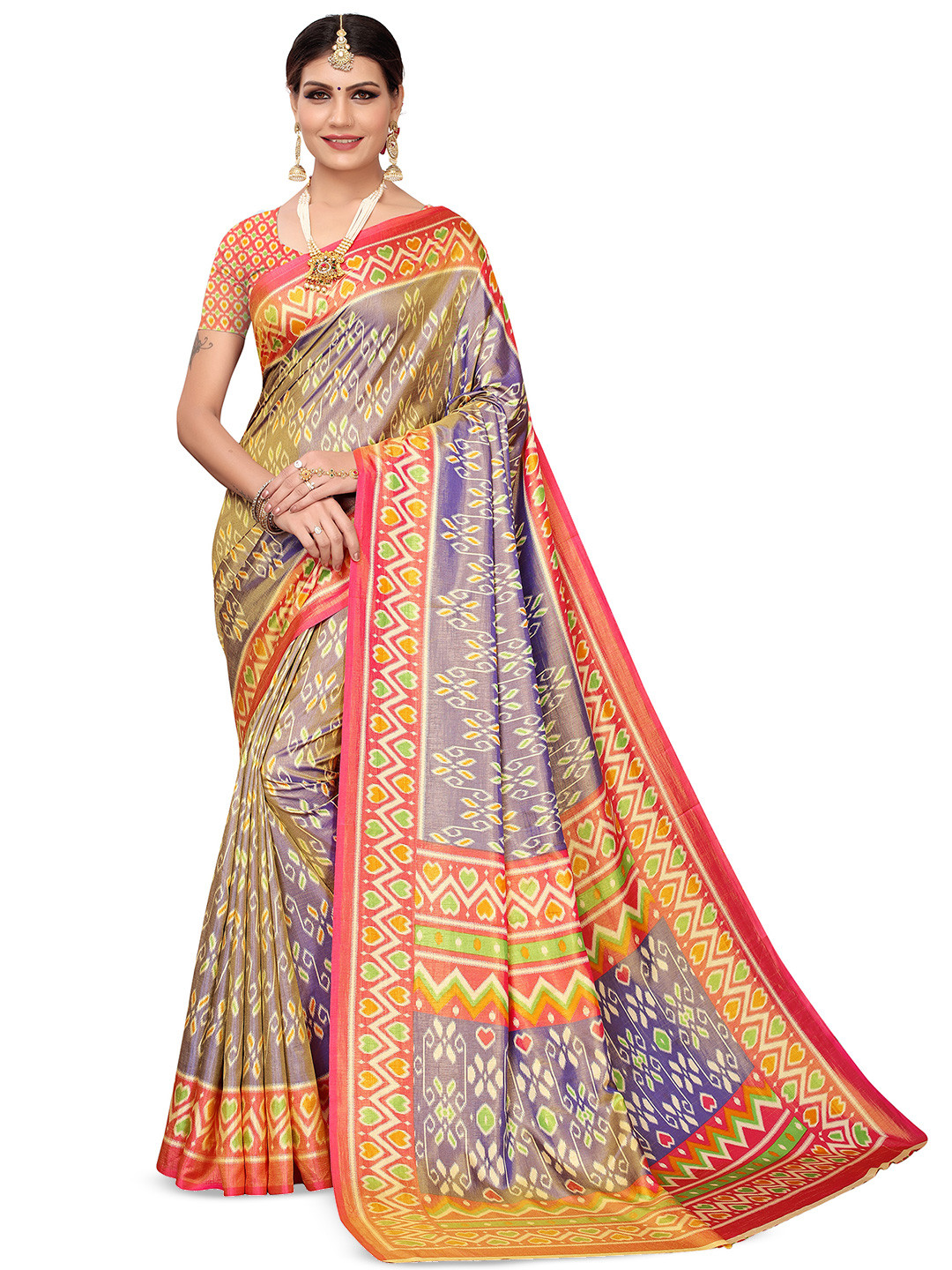 KALINI Printed Kantha Work Saree with Matching Blouse