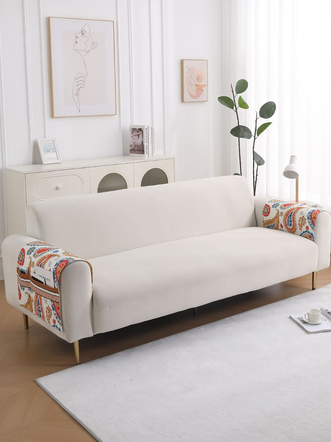 HOKIPO LiefNest White 2 Pc Printed Holland Velvet Sofa Arm Cover with Foam Filling