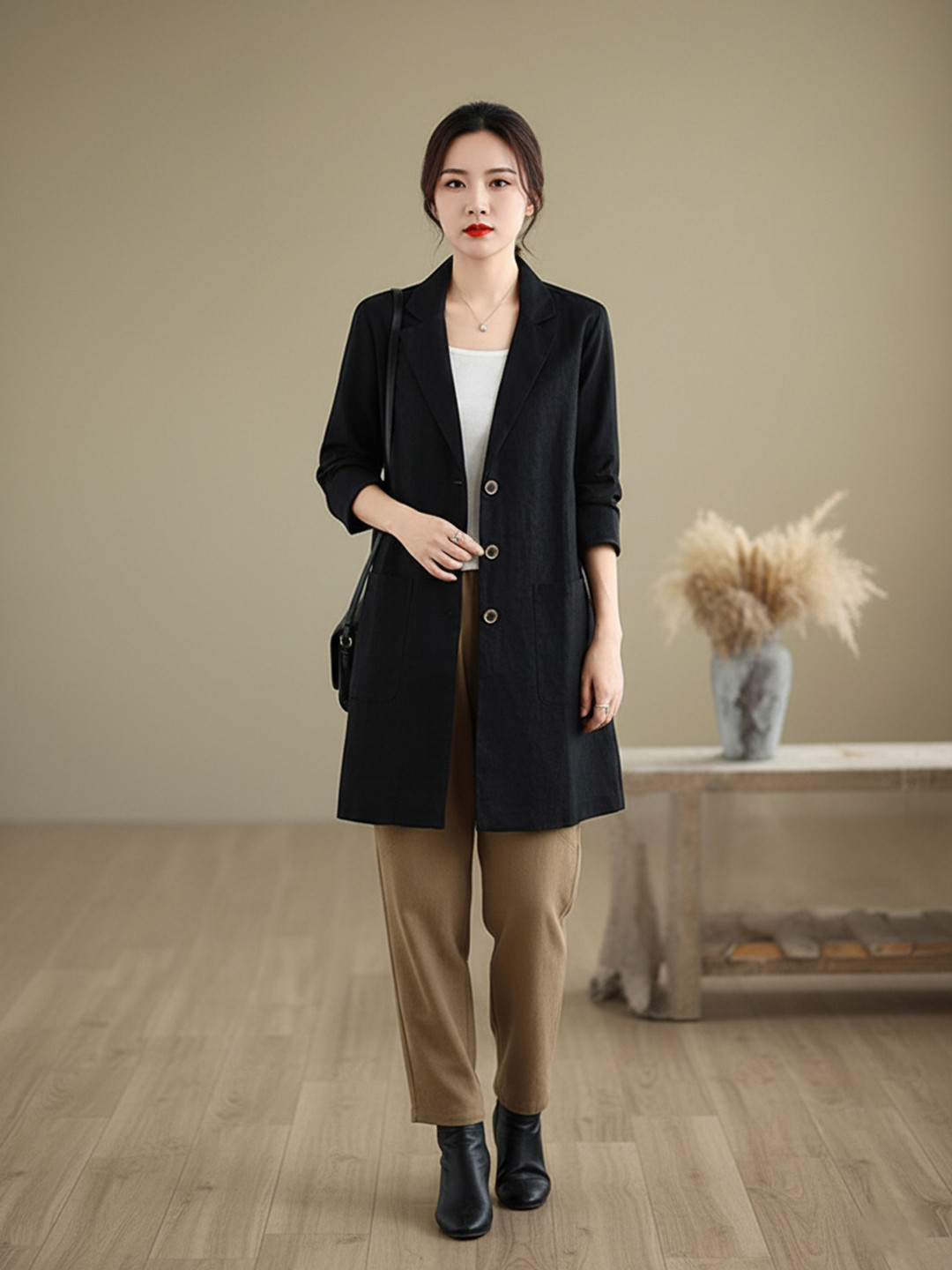 HERE&NOW Women Solid Notched Lapel Three-Quarter Sleeves Trench Coat