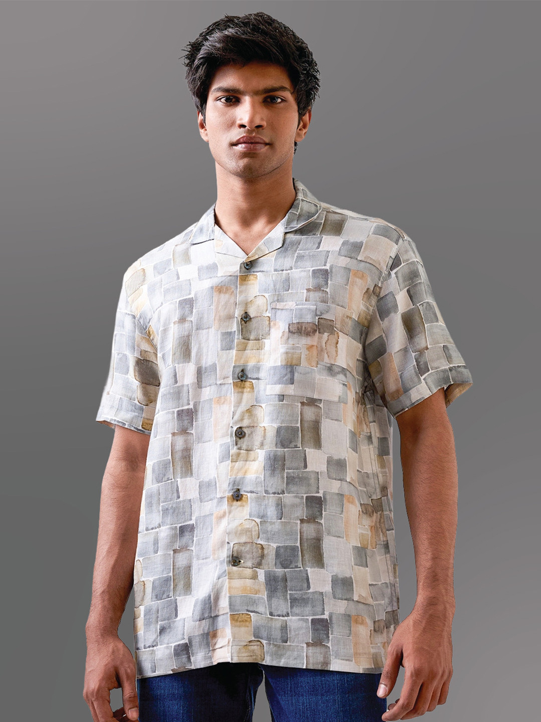 Indiqlo Men Relaxed Fit Geometric Printed Cuban Collar Linen Casual Shirt