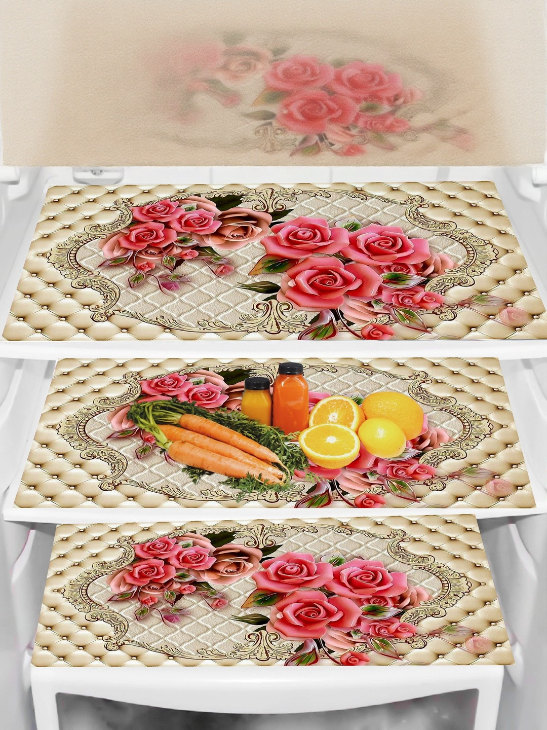 Cread Craft 3 Pcs Beige Printed Fridge Mats