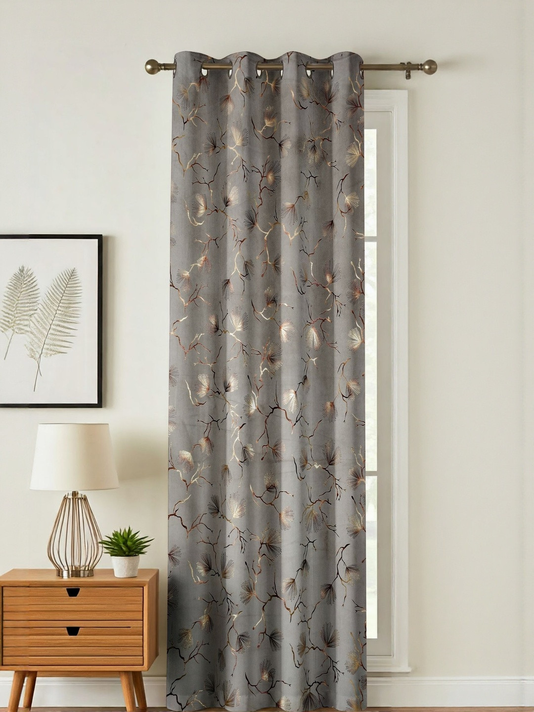 GEET CREATIONS Grey And Gold-Toned Printed Room Darkening Velvet Long Door Curtain
